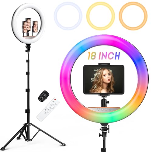 RGB Ring Light 18 inch with Tripod Stand (2700-7000K) for Phone Camera iPad Selfie Live Stream YouTube TikTok Video Shooting Best Lighting Atmosphere Ringlight (18 inch)