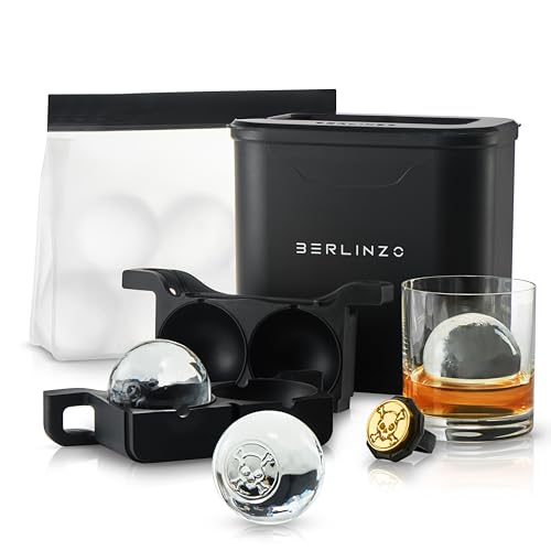 Berlinzo Premium Clear Ice Ball Maker [2024 Upgraded] - 2 Large 2.4-inch Crystal Clear Ice Balls for Whiskey Cocktail, Easy-to-Remove Ice Sphere Mold - Bonus Storage Bag & Ice Stamp Press Ring, Black