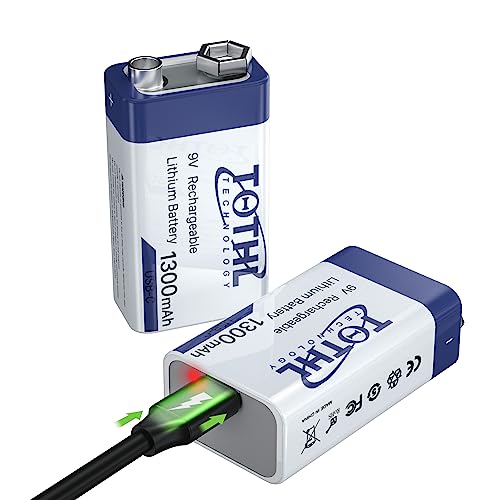 TQTHL 9V Rechargeable Batteries,9V Lithium Battery High Capacity 1300mAh,with 2 in 1 USB Charging Cable for Smoke Alarms, Multimeters, Microphones, Toys,Guitar,Metal detectors and More (2 Count)…
