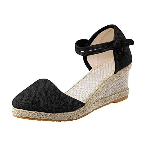 Shengsospp Women's Espadrille Wedge Sandal Open Toe Elastic Ankle Strap Wedge Sandal Soft Bottom Sandals for Indoor and Outdoor 02-Black, 8
