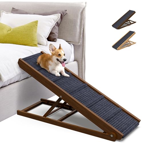 PATHOSIO PETS Dog Ramp for Bed Small Dog to Medium Dog for All Breeds - 40' Long, Adjustable 11'-23' Dog Ramp for Couch, Bed or Sofa, Folding Portable Wooden Dog Ramps (Walnut Wood-Grey Carpet)