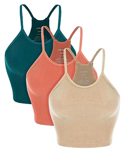 ODODOS Women's Crop Camisole 3-Pack Washed Seamless Rib-Knit Crop Tank Tops, Beige Coral Teal, Medium/Large