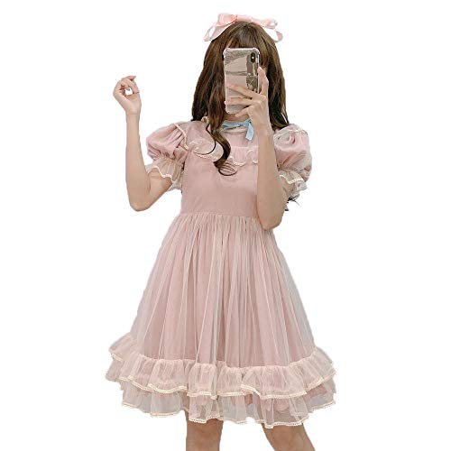 Summer Japanese Lolita Lace Dress Teen Girls Soft Cute Ruffles A-Line Princess Party Dresses (S) Pink
