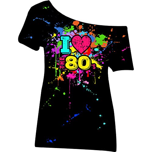 80s Outfit for Women Plus Size I Love The 80's Costumes 80s Off Shoulder T-shirt Tops Neon Clothes Oversized (Black,3X-Large)