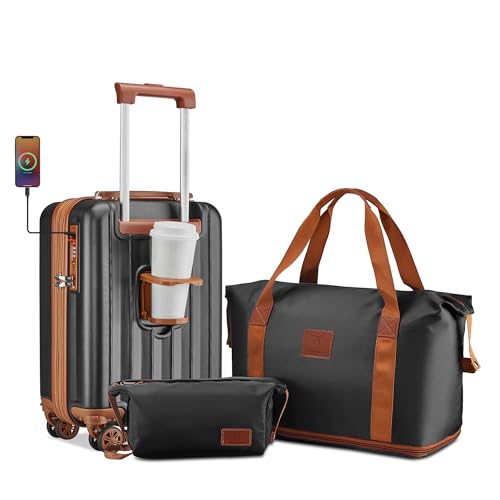 imiomo Carry on Luggage 18 Inch Suitcases with Wheels, Expandable Carry on Suitcase with USB Port and Cup Holder, Hardside Travel Luggage Set with TSA Lock, Black Brown
