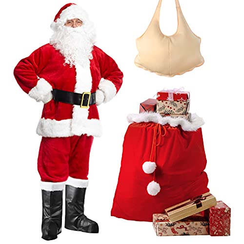 SATINIOR Christmas Santa Claus Costumes Suit 10pc. Christmas Santa Belly Accessory Christmas Party Cosplay Outfits (L), Red