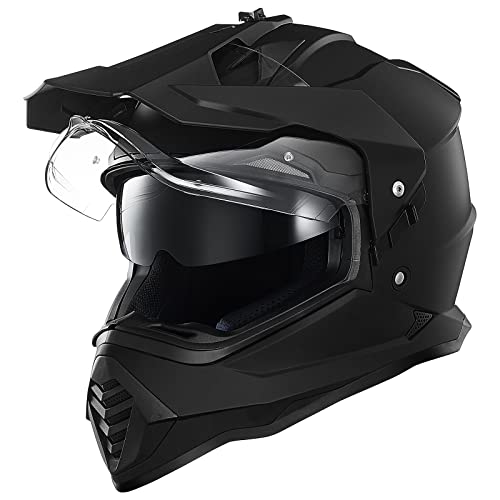 ILM Dual Sport Adventure Motorcycle Helmet with Pinlock Compatible Sun Visor Snowmobile ATV Dirt Bike Off Road Casco Model WS902 (Matte Black, L)