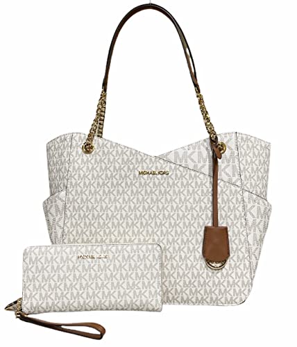 Michael Kors Jet Set Travel Large Chain Shoulder Tote and Continental Wristlet, Vanilla Signature MK