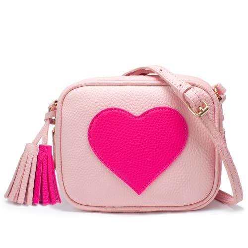 Girls Crossbody Purse for Kids Women Leather Roomy Bag with Tassel Adjustable Straps Design in Italy（Pink & Rose Red）