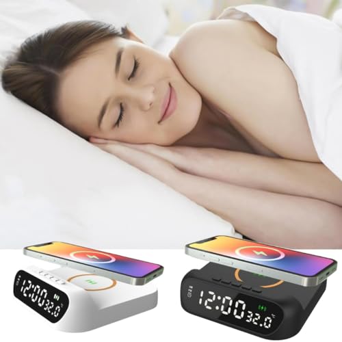 Yrmaups Wireless Charging Bracket, 3-in-1 15W Wireless Charger Clock LED Digital Display Alarm Clock with Musical Speaker, Wireless Charging Station (Bk)
