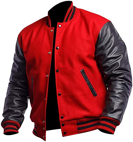 NM-Fashions Varsity Baseball College Bomber High School Letterman Jacket for Men, Red & Black, Large