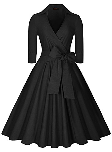 Miusol Women's Deep-V Neck Classical Bow Belt Vintage Casual Swing Dress (Medium, Black)