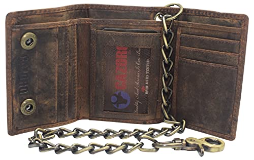 CAZORO Men's RFID Blocking Trifold Vintage Leather Biker Chain Wallet With Snap Closure (Brown)