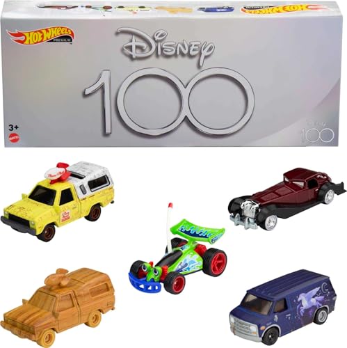 Hot Wheels Premium Disney 100 Bundle, 5 1:64 Scale Disney-Themed Premium Cars from Disney and Pixar, Commemorative Box for Collectors