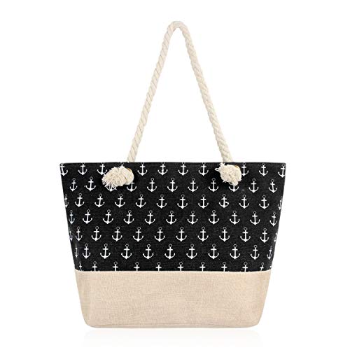 RIAH FASHION Large Reusable Eco Shopper Beach Tote - Travel Shoulder Bag Pineapple, Flower, Skull, Leaf Straw, Leopard Canvas Fabric (Straw Bottom Tote - Baby Anchors Black)