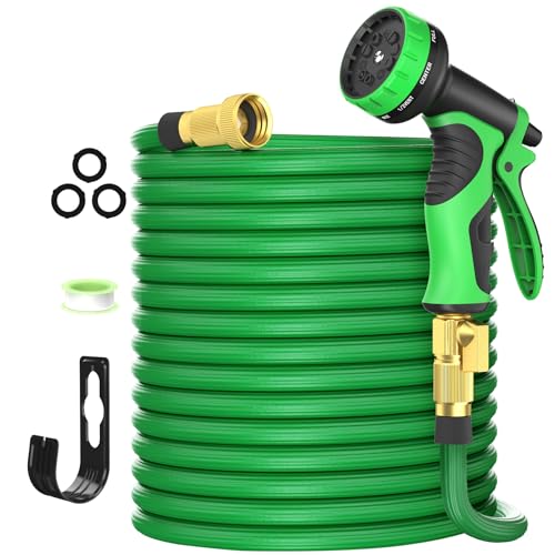 100ft Expandable Garden Hose with 10 Function Nozzles, New Water Hose with 50 Layers Innovative Nano Rubber, 3/4' Solid Brass Fittings, Flexible Hose Expanding Hose