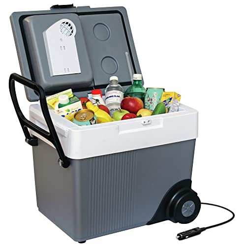 Koolatron Electric Portable Cooler Plug in 12V Car Cooler/Warmer 33 qt (31 L) w/Wheels, No Ice Thermo Electric portable Fridge for camping, Travel Road Trips with 12 Volt DC Power Cord, Gray/White.