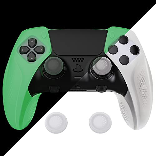 PlayVital Ninja Edition Glow in Dark Anti-Slip Half-Covered Silicone Cover Skin for ps5 Edge Controller, Ergonomic Protector Soft Rubber Case for ps5 Edge Wireless Controller with Thumb Grips - Green