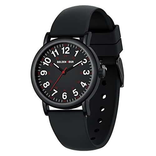 GOLDEN HOUR Waterproof Nurse Watch for Medical Professionals, Unisex - Analog Display, 24 Hour with Second Hand, Colorful Silicone Band in All Black