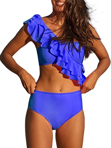 Hilinker Women's Ruffle One Shoulder High Waist Bikini Swimsuit 2 Piece Bathing Suit Royal Blue Large