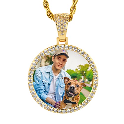 YIMERAIRE Custom Picture Pendant Necklaces 18K Gold Plated Personalized Photo Pendant Necklace CZ Iced Out Hip Hop Gold Circle Men Memory Medallions Pendant Mothers Day Gifts