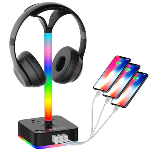 Headphone Stand RGB with USB Charger Gaming Headset Holder Hanger with 3USB Charging Ports Charging Station and 2 Prong AC Outlet Power Strips 8 RGB Light Modes for Table PC All Earphone Accessories