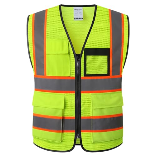 ASIPHITU Reflective High Visibility Safety Vest for Men Women Security with Pockets Zipper Front for Work Vest with Reflective Strips Meets ANSI/ISEA Standards(H-Yellow-L)