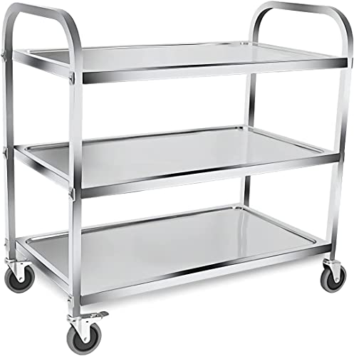 MYOYAY 37.4x19.7x37.4 Inch Stainless Steel Cart Large 3 Tier Kitchen Utility Rolling Cart Service Catering Storage Cart with Locking Wheels Kitchen Cart or Kitchen Hotel Restaurant Cafe Home