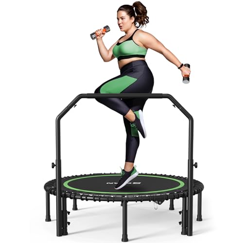 BCAN 550 LBS Foldable Mini Trampoline, 48' Fitness Trampoline with Adjustable Handle Bar, Bungees, Stable & Quiet Exercise Rebounder for Kids Adults Indoor/Garden Workout-Green