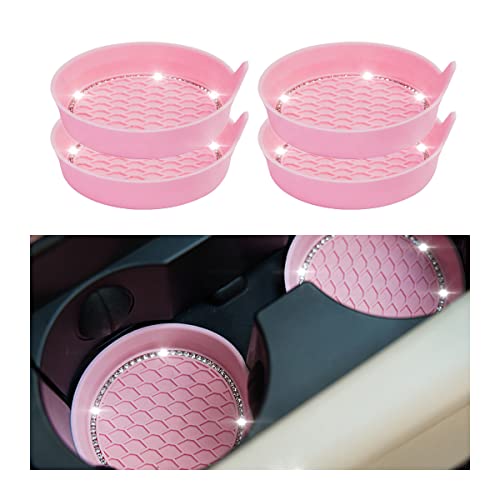 BESULEN Car Cup Holder Coasters, 4 Pack Bling Rhinestone Silicone Non-Slip Insert Coasters, Drink Car Cup Mat with Circle Crystal, Universal Vehicle Interior Accessories for Women Girls (Pink)