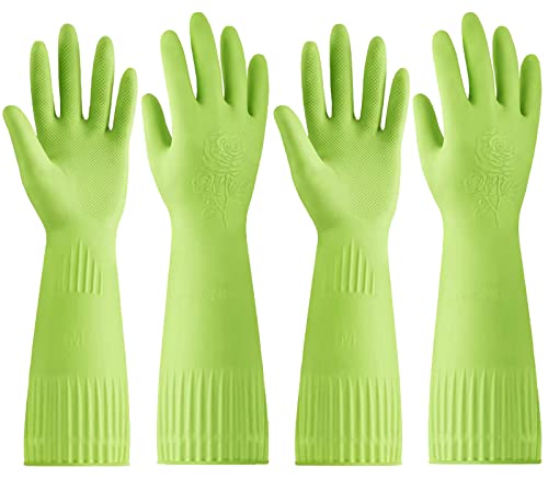 Disfore Rubber-Gloves Dishwashing Gloves for Cleaning-Kitchen - 2 Pairs of Durable and Reusable Kitchen Gloves，Long Sleeve Waterproof Household Cleaning Gloves for Washing Dishes (Medium Green)