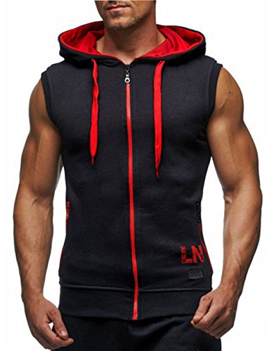 LemonGirl Men's Bodybuilding Sleeveless Hoodie Gym Tank Top BlackRed