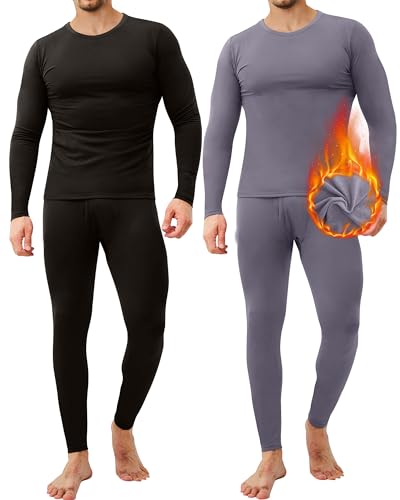 CL convallaria Thermal Underwear for Men, 2 Pack Long Johns Winter Hunting Gear Sport Base Layer Top and Bottom Set Midweight BlackGrey L