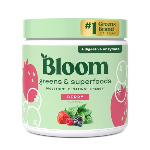 Bloom Nutrition Superfood Greens Powder, Digestive Enzymes with Probiotics and Prebiotics, Gut Health, Bloating Relief for Women, Chlorella, Green Juice Mix with Beet Root Powder, 30 SVG, Berry