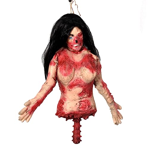 Spare no effort+ Bloody Female Half Body with Long Hair Scary Halloween Decoration Hanging Corpse Torso Realistic Rotten Dead Body Parts Haunted House Party Props Indoor Outdoor Decor