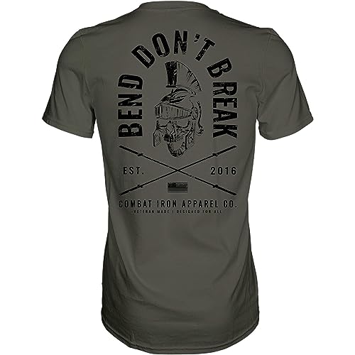 Combat Iron Bend Don't Break Barbell Skull Men's Graphic Short Sleeve T-Shirt - Athletic Fit Tees Men (Military Green, Large)