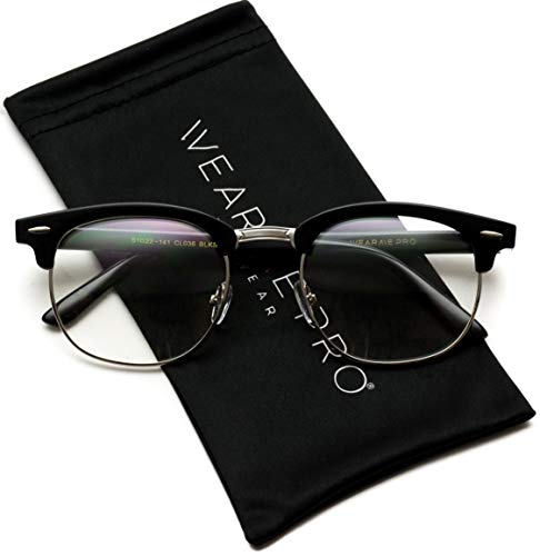 Vintage Inspired Blue Light Blocking Glasses Classic Half Frame Horn Rimmed Clear Lens (Black Silver, 52)