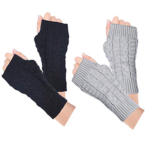 Loritta 2 Pairs Womens Fingerless Gloves Winter Warm Knit Crochet Thumbhole Arm Warmers,B1- Black+Light Gray(2 Pairs)
