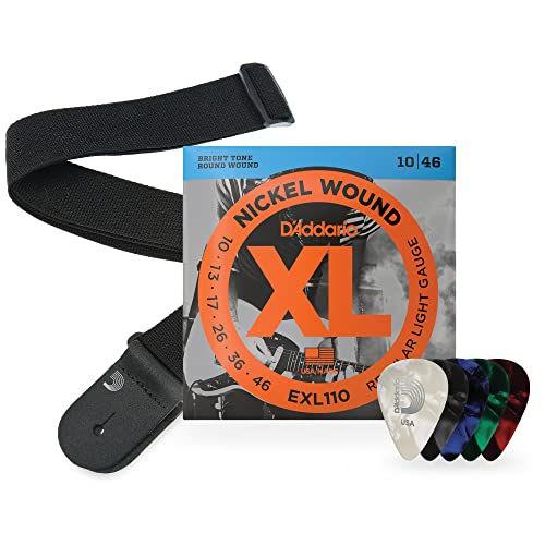 D'Addario Electric Guitar Strings, Picks, Strap Beginner Kit - EXL110 XL Nickel Wound Electric Strings, 10-46 Light - Poly Pro Guitar Strap - 10 pack Celluloid Assorted, Medium Gauge Guitar Picks