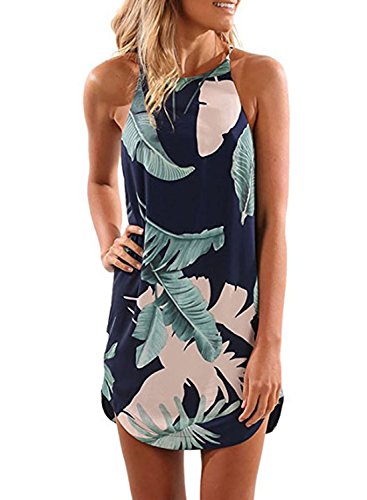 Asvivid Womens Palm Tree Summer Floral Casual Dresses for Women Halter Sleeveless Short Beach Dress Chiffon Sundresses M Blue