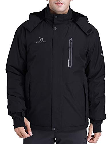 CAMEL CROWN Men's Mountain Snow Waterproof Ski Jacket Detachable Hood Windproof Fleece Parka Rain Jacket Winter Coat Black M
