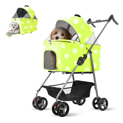 Foldable Dog Stroller 3 in 1 Detachable Pet Stroller, Lightweight Cat Stroller with Removable Travel Carriage, Car Seat Cage Carrier and Storage Basket for Medium & Small Pets