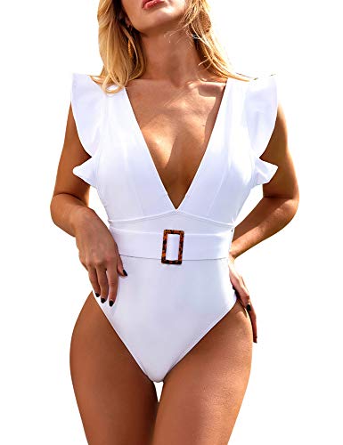 tengweng Women's One Piece Swimsuit Sexy Solid V-Neck Ruffle Bathing Suit Padded Monokini Backless Swimwear (Small, TW16A)