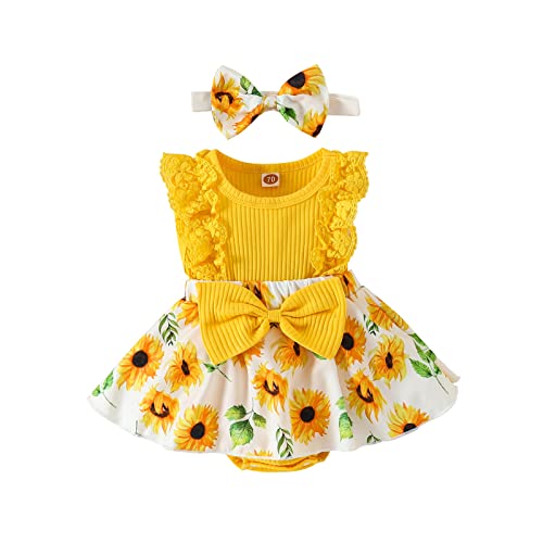 KAFIREN Baby Girl Clothes 3-6 Months Newborn Romper Dress Infant Lace Ruffle Sleeveless Summer Outfits with Headband Yellow Flower 3-6 Months 80cm