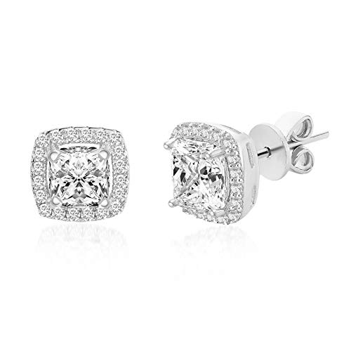 Lesa Michele Rhodium Plated 925 Sterling Silver 2 Cttw Princess Cut Cubic Zirconia Stud Earrings for Women with Cushion Shaped Halo White
