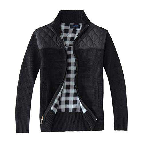 Gioberti Men's Knitted Regular Fit Full Zip Cardigan Sweater with Soft Brushed Flannel Lining, Black, X Large