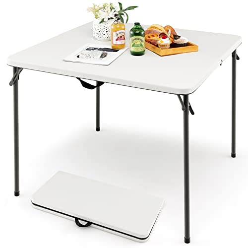 Goplus 34' Square Folding Card Table, Foldable Plastic Folding Tables, Portable Fold Up Table w/Handle, White Indoor Outdoor Utility Bi-Folding Commercial Table for Picnic, Party, Dining, Camping, BBQ
