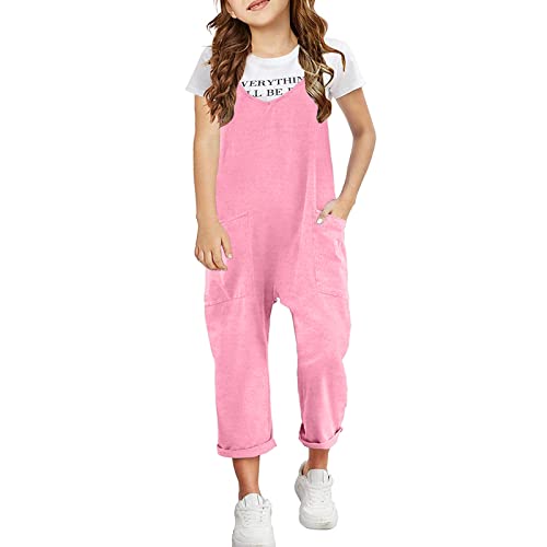 Watonic Teen Girls Jumpsuit Clothes Summer Fall Casual Sleeveless Spaghetti Strap Loose Long Pants Rompers (Pink, 12-13 Years) (Pink,12-13 Years)
