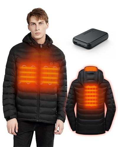 HEWINZE Men's Heated Jacket with Battery Pack 7.4V,Lightweight Warm Heated Coat for Men with Detachable Hood,2X-Large,Black
