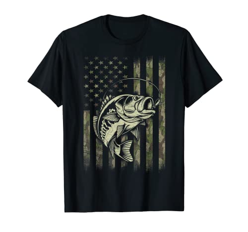 Fishing Camouflage US American Flag Bass Fish Fisherman Camo T-Shirt